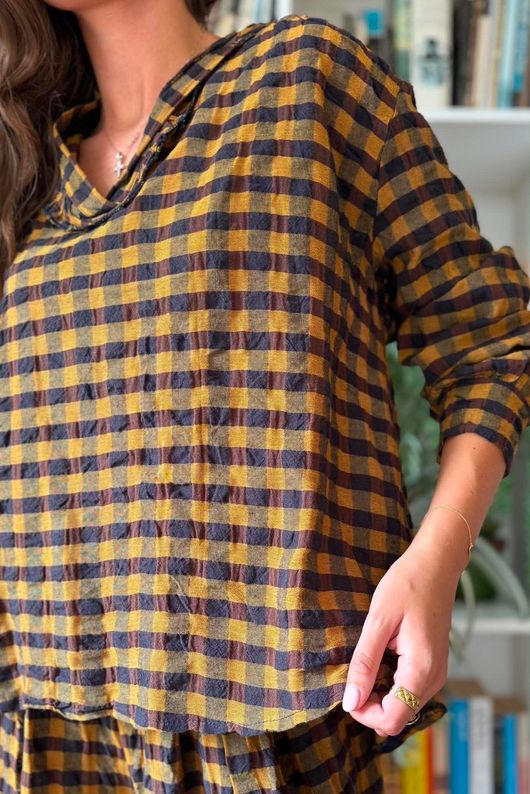Bibi Gingham Frill Neck Shirt Ochre